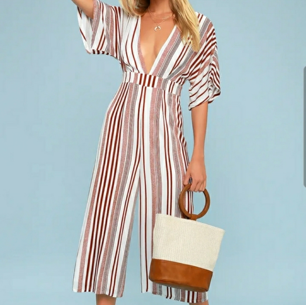 Lulus Hook Line Sinker Rust Red Striped Jumpsuit - image 1